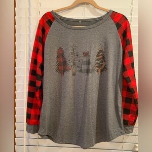 Womens Christmas Tree T Shirt Top Size M Gray With Buffalo Check Long Sleeves